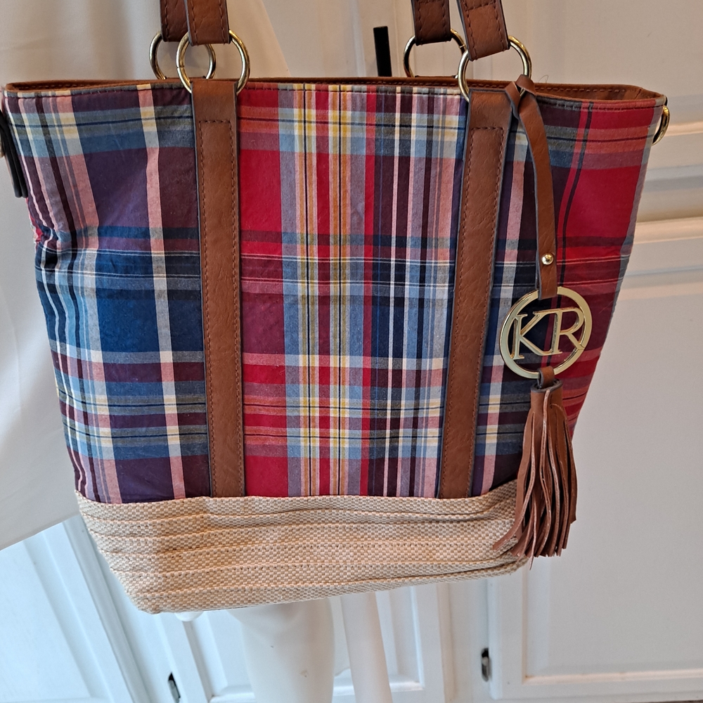 Kim Rogers Red & Blue Madras Plaid Tote with Brown Leather Trim - Picture 2 of 12